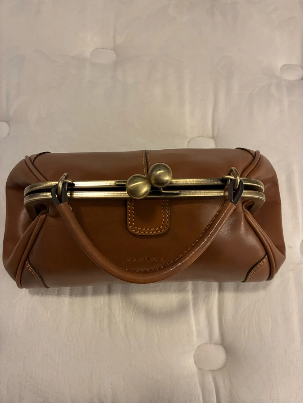 Structured Tan Leather Kiss-Lock Wristlet Clutch